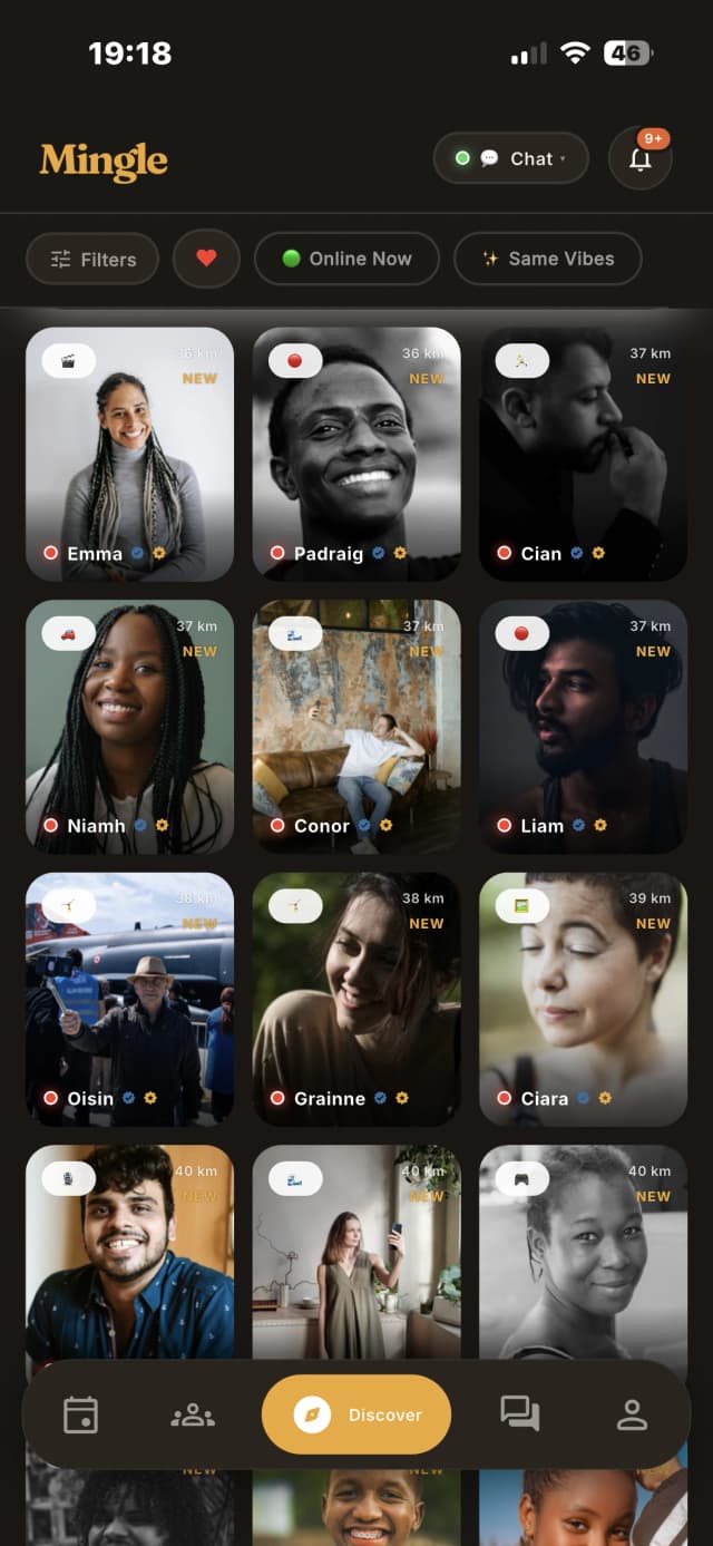 The Mingle Meetup IRL app Discover screen showing people nearby tagged by activity such as coffee, cycling and yoga