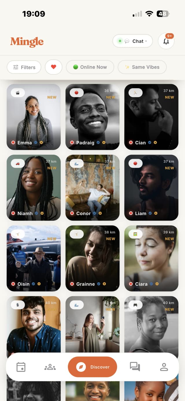 The Mingle Meetup IRL app Discover screen showing people nearby tagged by activity such as coffee, cycling and yoga